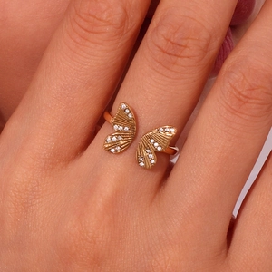 Elegant 18K gold plated butterfly open ring with micro-pave zircons for women
