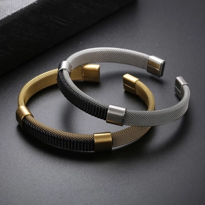 Minimalist woven stainless steel bangles in silver and gold-black two-tone mesh design