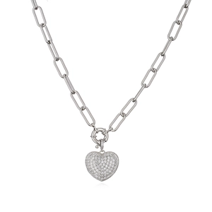 Collier chaîne trombone argenté avec pendentif cœur 3D serti de zircons scintillants