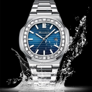 Waterproof silver quartz men's watch with blue dial and diamond-set bezel in splashing water
