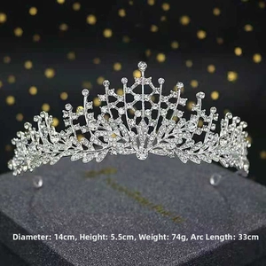 Baroque bridal tiara dimensions showing 14cm diameter and 5.5cm height on black background