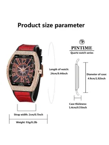Detailed size chart for men's tonneau iced out watch with case diameter and strap length