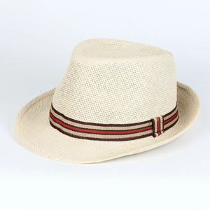 Detail of breathable straw Panama hat featuring a red and black striped ribbon band