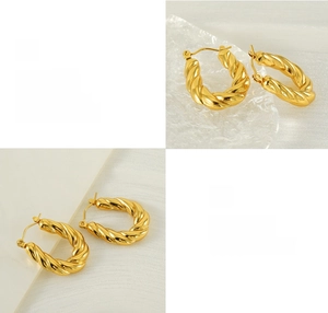 Detail showing high-polished finish and 18K gold-plated texture of U-shaped hoop earrings