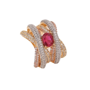 Fashionable ring with oval red gemstone and intertwined two-tone pavé zircon bands