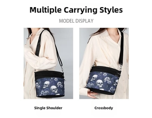 Detail view of gothic skull print crossbody bag showing shoulder and crossbody wear options