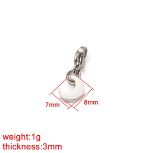 Polished stainless steel moon pendant with lobster clasp and dimensional measurement data