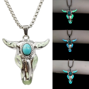 Bull Head Skull Pendant Necklace Stainless Steel Turquoise Glow In The Dark Retro Gothic Punk Animal Jewelry Men Women