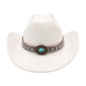 White western cowboy hat featuring turquoise stone and ethnic patterned decorative band