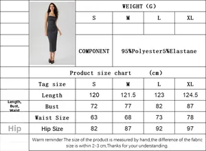 Detailed size chart for the slim fit knit maxi dress showing length, bust, and hip measurements
