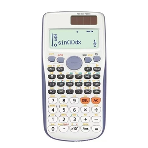 Scientific calculator with 991ES Plus functions, dual power supply and white-purple design