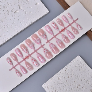 24pcs pink almond press-on nails with plaid, strawberry, pearls and 3D bows