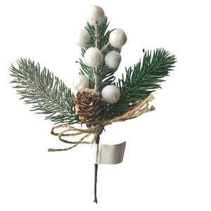 Artificial Christmas bouquet with pine needles, snowy berries, cones and hemp rope