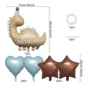 Detailed components of a khaki dinosaur balloon kit with star and heart foil balloons