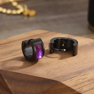 Minimalist black stainless steel hoop earrings with rectangular purple gemstone inlay