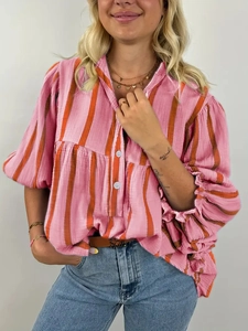 Damen Streifenhemd in Rosa und Orange mit Kordstruktur und lockeren Puffärmeln