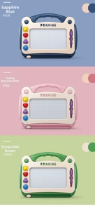 Three-color magnetic drawing boards with pens and shaped stamps for creative kids play
