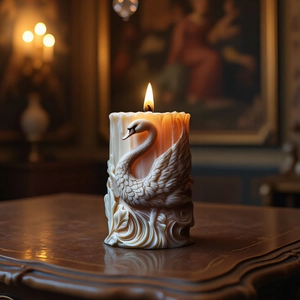 Exquisite 3D-Schwan-Relief-Duftkerze mit detaillierten Federn auf antiker Holzoberfläche