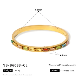 Detailed size specifications of gold stainless steel bangle with colored cubic zirconia