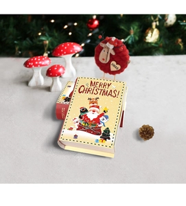 Detail of Christmas candy gift box in creative magic book shape with festive illustrations
