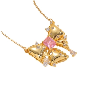Luxurious butterfly pendant necklace with pink square zircon and gold-plated chain links