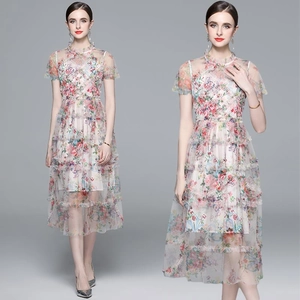 Robe Longue Élégante En Maille Florale Pour Femmes À Volants Étagés Col Montant Taille Haute Tenue De Fête