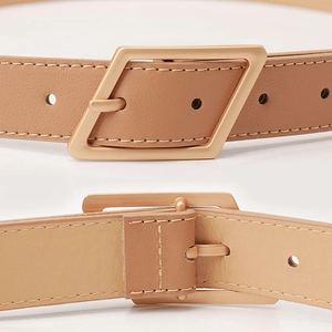Fashionable khaki leather belt with golden geometric buckle for women casual styling