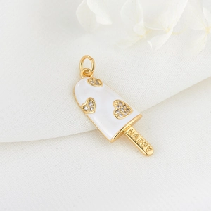 Elegant white enamel ice cream pendant in 14K gold plating with sparkling zircon hearts