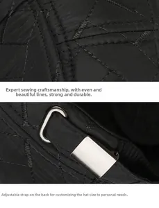 Detail of winter quilted hat featuring diamond pattern and adjustable metal buckle strap