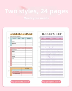 Detail of A6 binder budget sheets showing monthly income and expense tracking pages