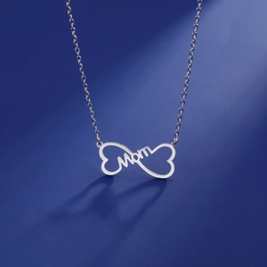 Polished stainless steel necklace featuring infinity Mom pendant on deep blue backdrop