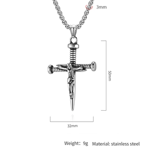 Detail view of nail-style stainless steel cross necklace with size and weight specs