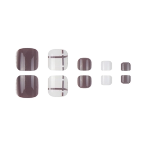 Glossy Morandi grey-purple and grid pattern press-on toe nails set in ABS material