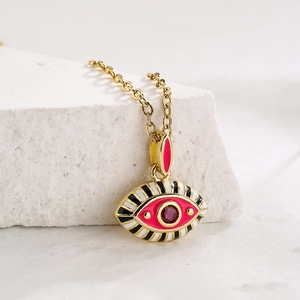 Bohemian gold plated evil eye pendant necklace with pink enamel and crystal on stone