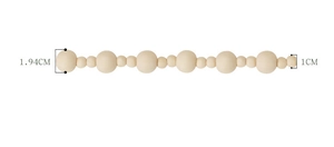 Detailed size specifications for natural wooden bead chain showing 1.94cm and 1cm diameters