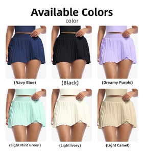 Detail showing high-waisted pleated tennis skirts in six colors with built-in shorts