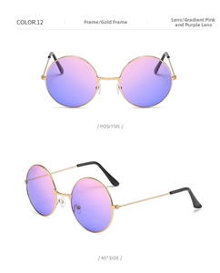 Detail view of round vintage sunglasses with gold frame and gradient pink purple lenses
