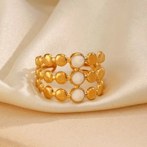 French vintage 18K gold plated stainless steel 3-layer ring with white round shell inlay