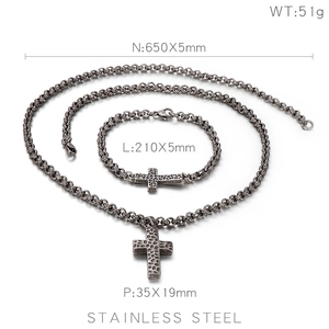 Vintage stainless steel cross necklace and bracelet jewelry set with hammered finish