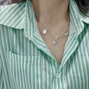 S925 sterling silver beaded necklace with oval face and hollow heart charms for women