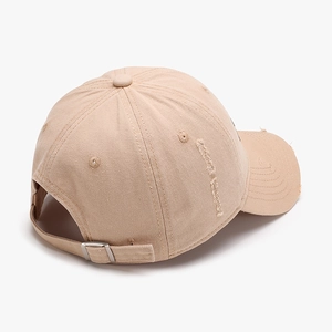 Distressed khaki baseball cap with embroidery and adjustable metal buckle back view