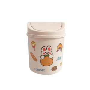 Cute cream desktop mini trash can with push lid and cartoon rabbit stickers