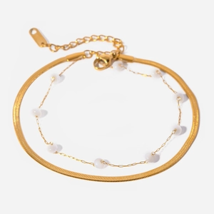 18K Gold Plated Stainless Steel Double Layer Anklet For Women Flat Snake Bone Chain Shell Artificial Pearl Bead Foot Jewelry
