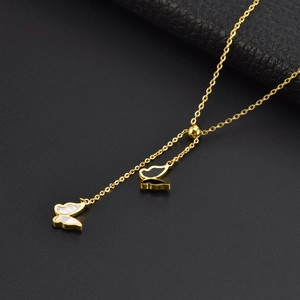 Titanium steel Y-necklace with black and white shell butterfly tassels and gold chain