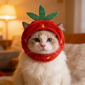Funny strawberry plush pet hat with green leaves and gold embroidery for small cats