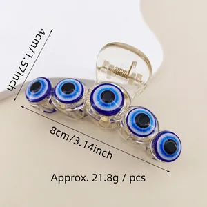 Detail showing 8cm evil eye acrylic hair claw clip with dimensions and 21.8g weight