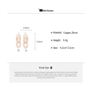 Specifications for gold multi-layered zircon drop earrings with size and material details