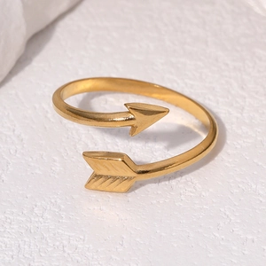Minimalist 18k gold plated stainless steel arrow open ring on white stone background