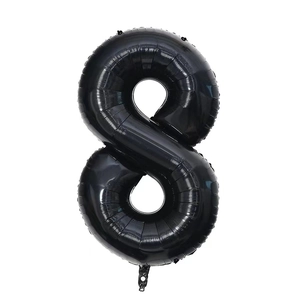 Detail of a large black number 8 foil balloon with visible metallic texture and creases