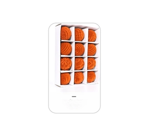 Detail of 12 orange flocked Christmas balls with embossed textures in a white grid gift box